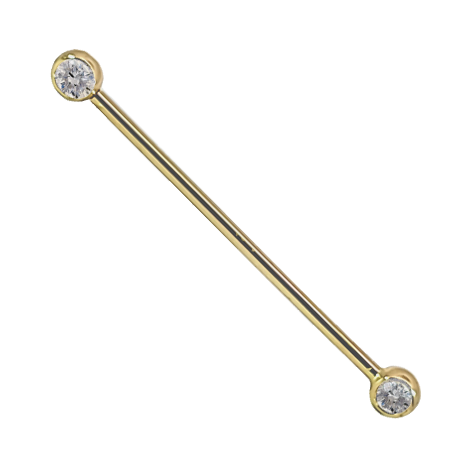 Solid 14k Gold Double Gem Industrial Barbell 16mm