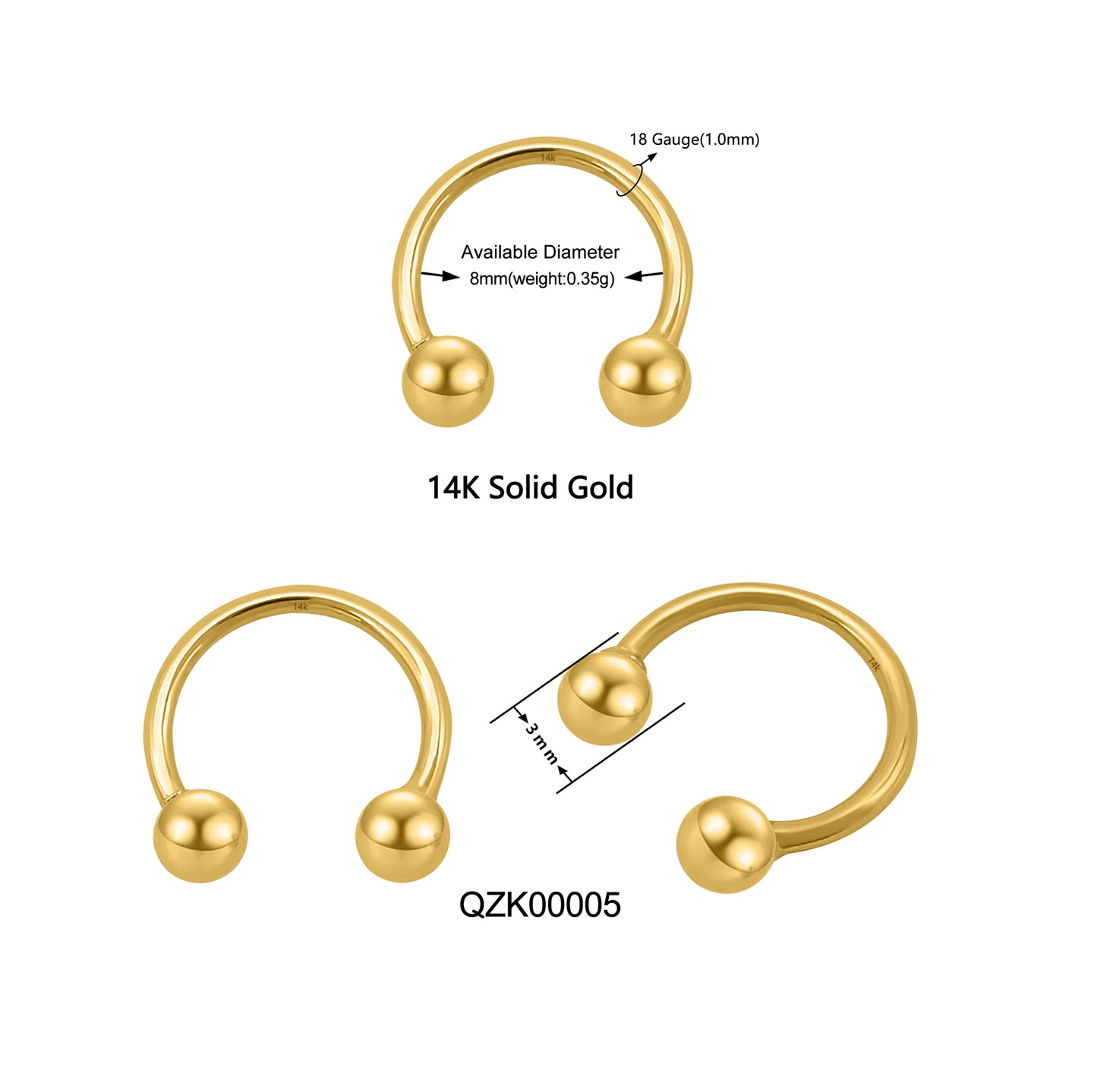 wholesale14k Solid Gold Horseshoe Hoop 18 Gauge 1.0mm