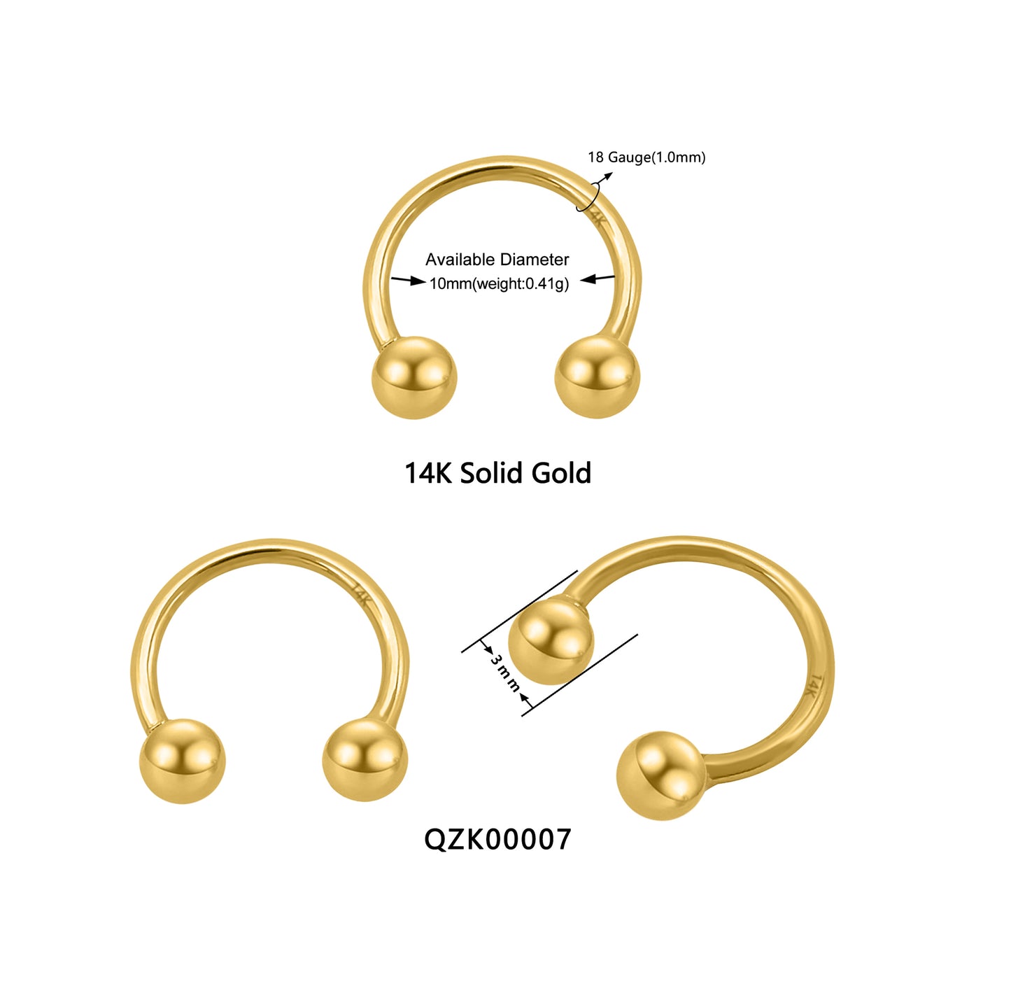 Wholesale14k Solid Gold Horseshoe Hoop 18 Gauge