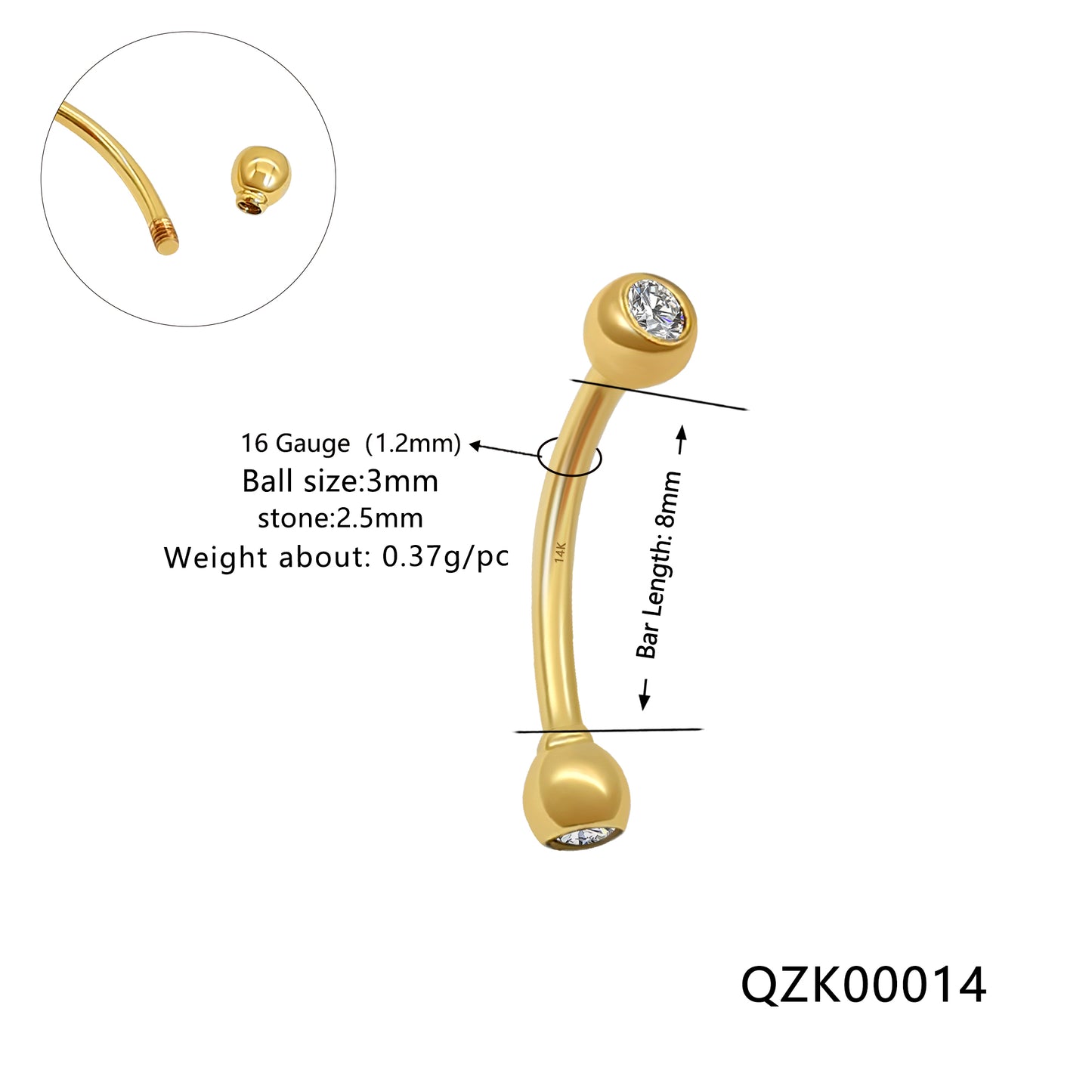 Wholesale14k Solid Gold Eyebrow Piercing Jewelry Curved Barbell