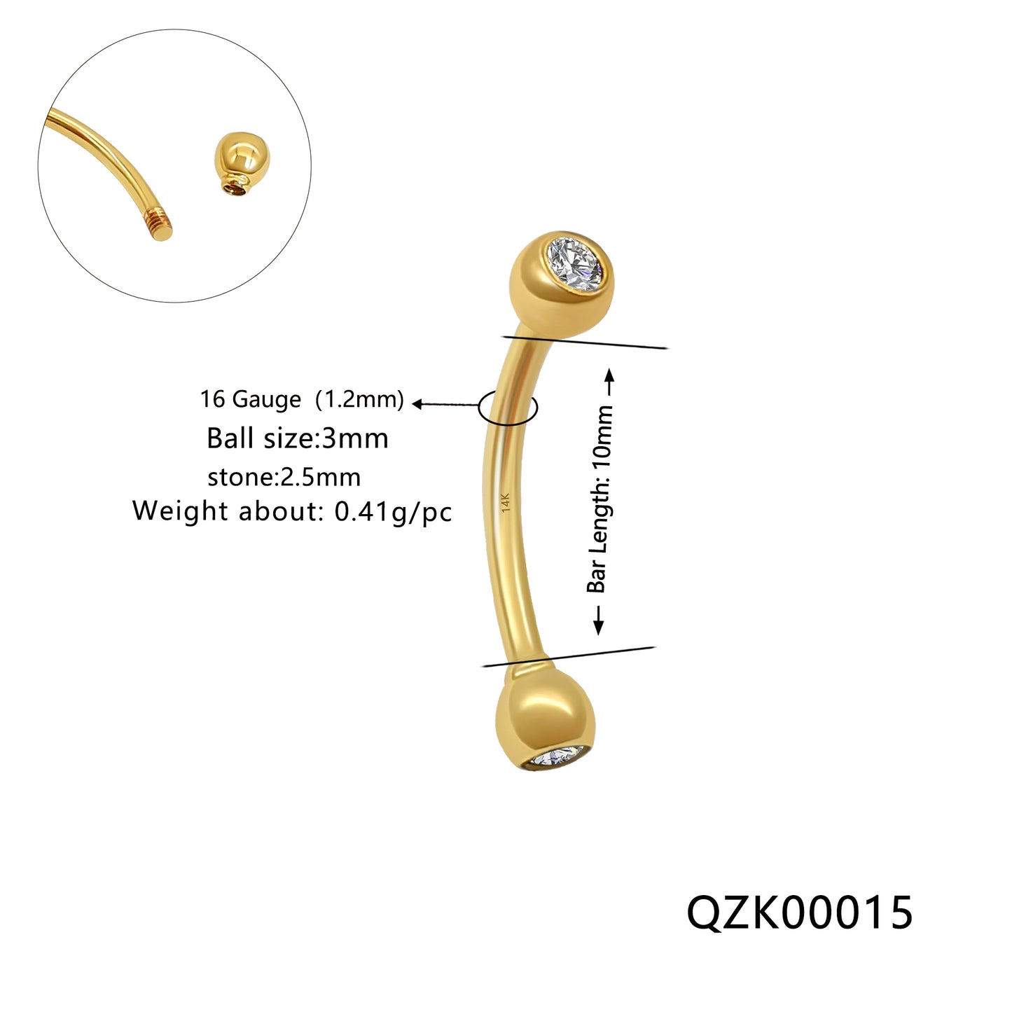 Wholesale14k Solid Gold Eyebrow Piercing Jewelry Curved Barbell