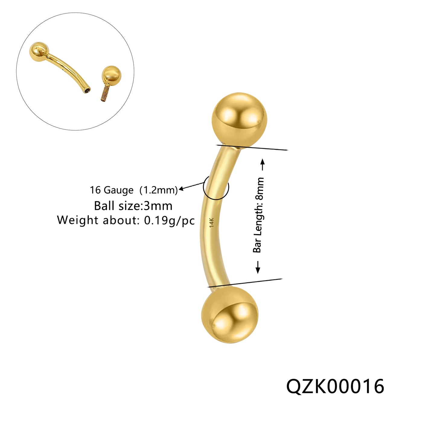 Wholesale14k Solid Gold Eyebrow Piercing Jewelry Curved Barbell
