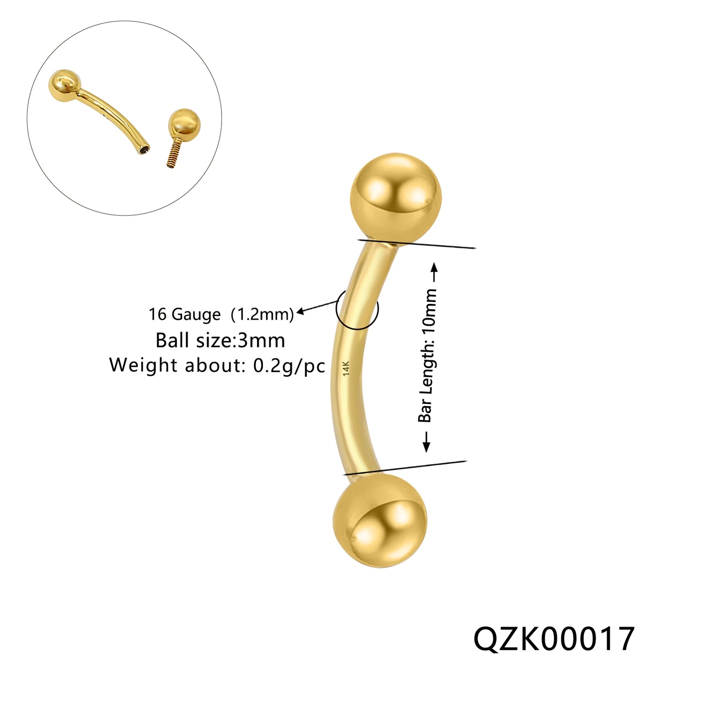 Wholesale14k Solid Gold Eyebrow Piercing Jewelry Curved Barbell