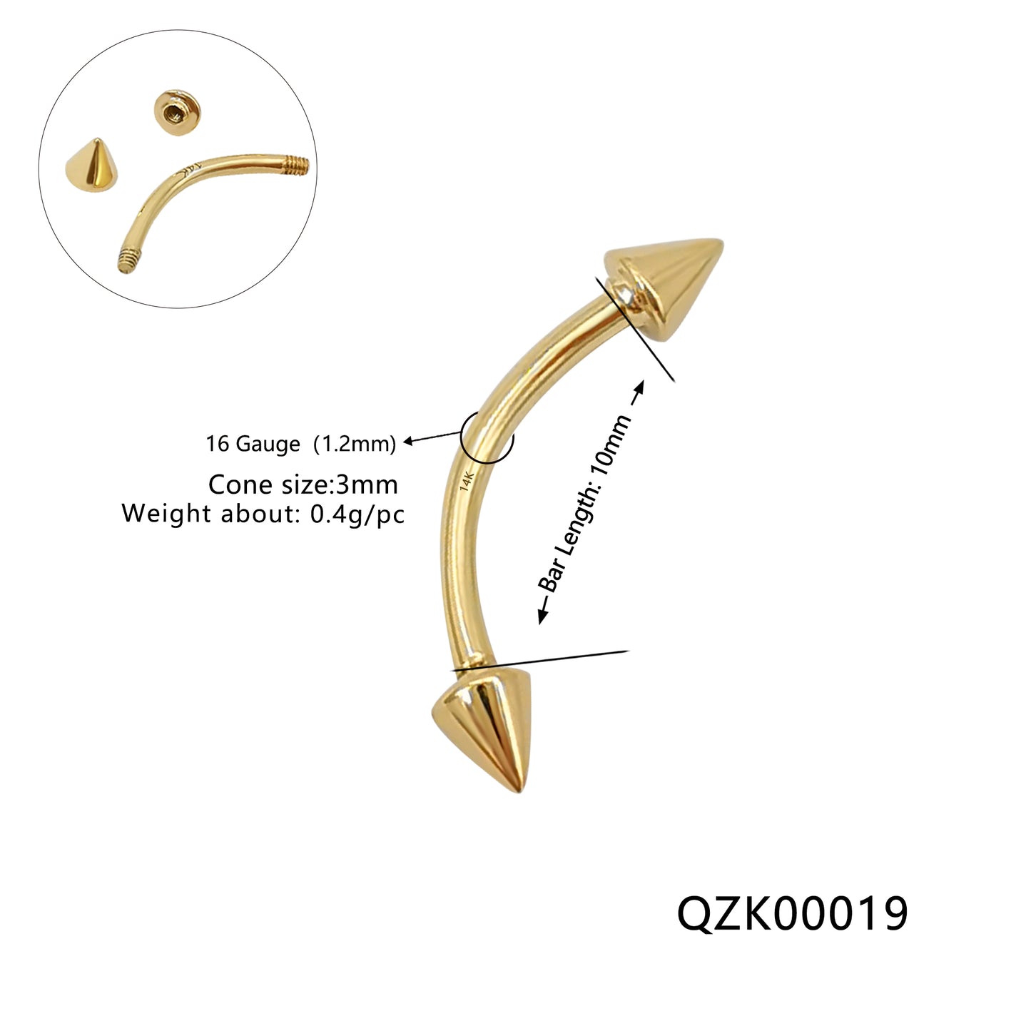 Wholesale14k Solid Gold Eyebrow Piercing Jewelry Curved Barbell Spike