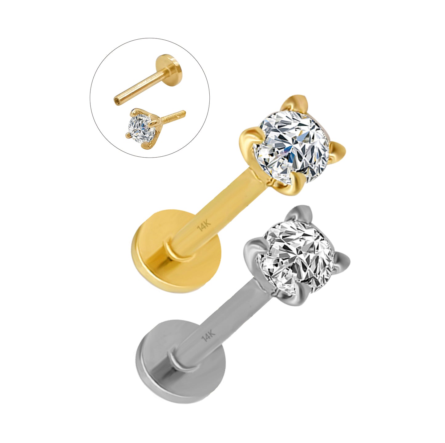 Wholesale 14K Yellow and white Gold Labret bar length 8mm 2.5mm cz