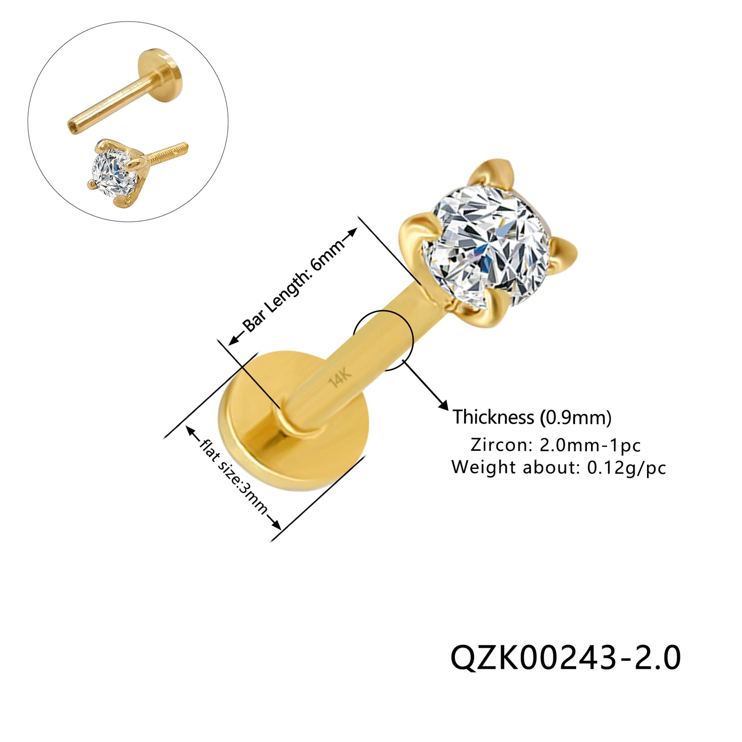 14K Yellow and white Gold Labret bar 6mm 2mm cz