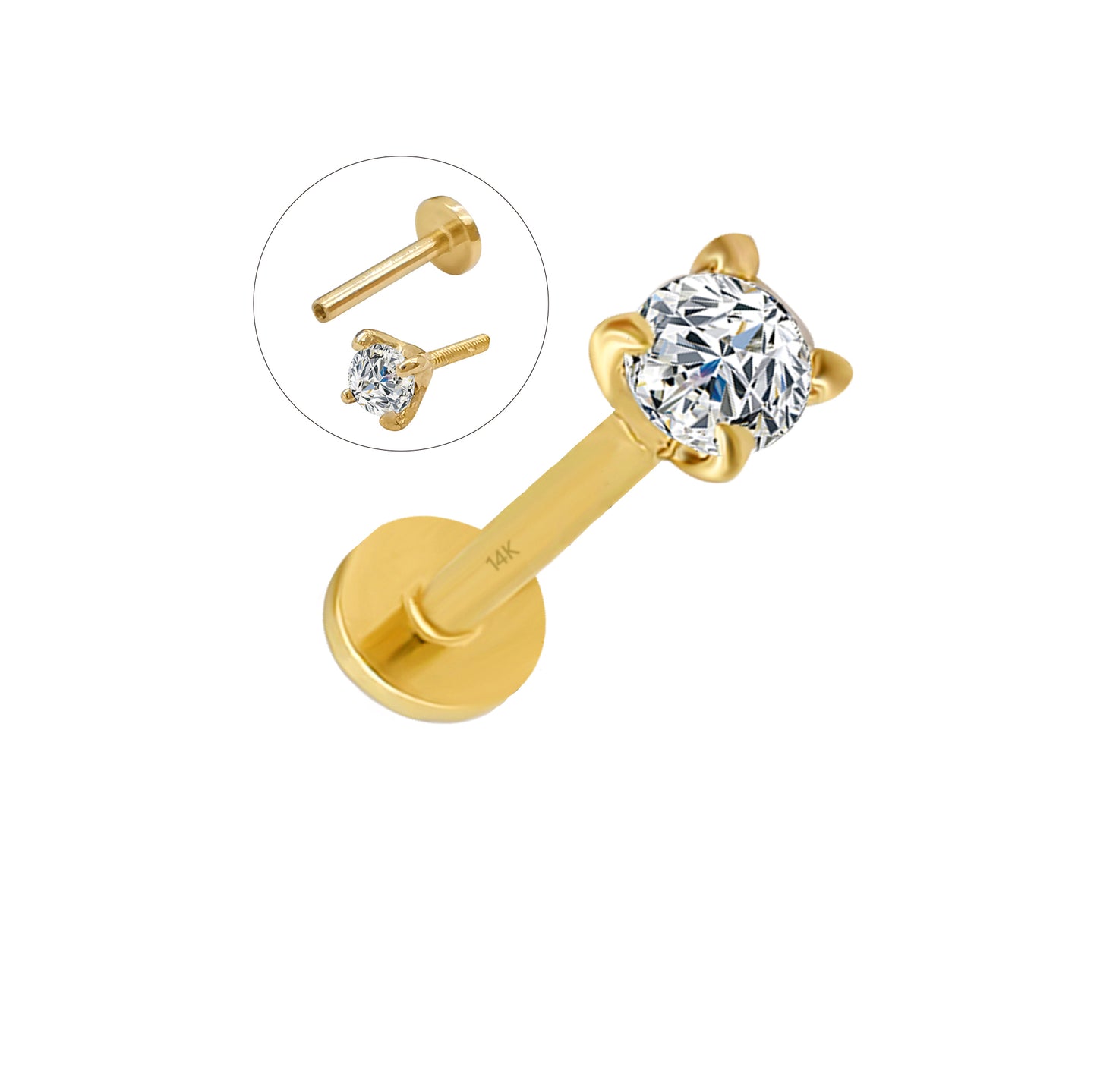 Wholesale 14K Yellow and white Gold Labret bar length 8mm 2.5mm cz