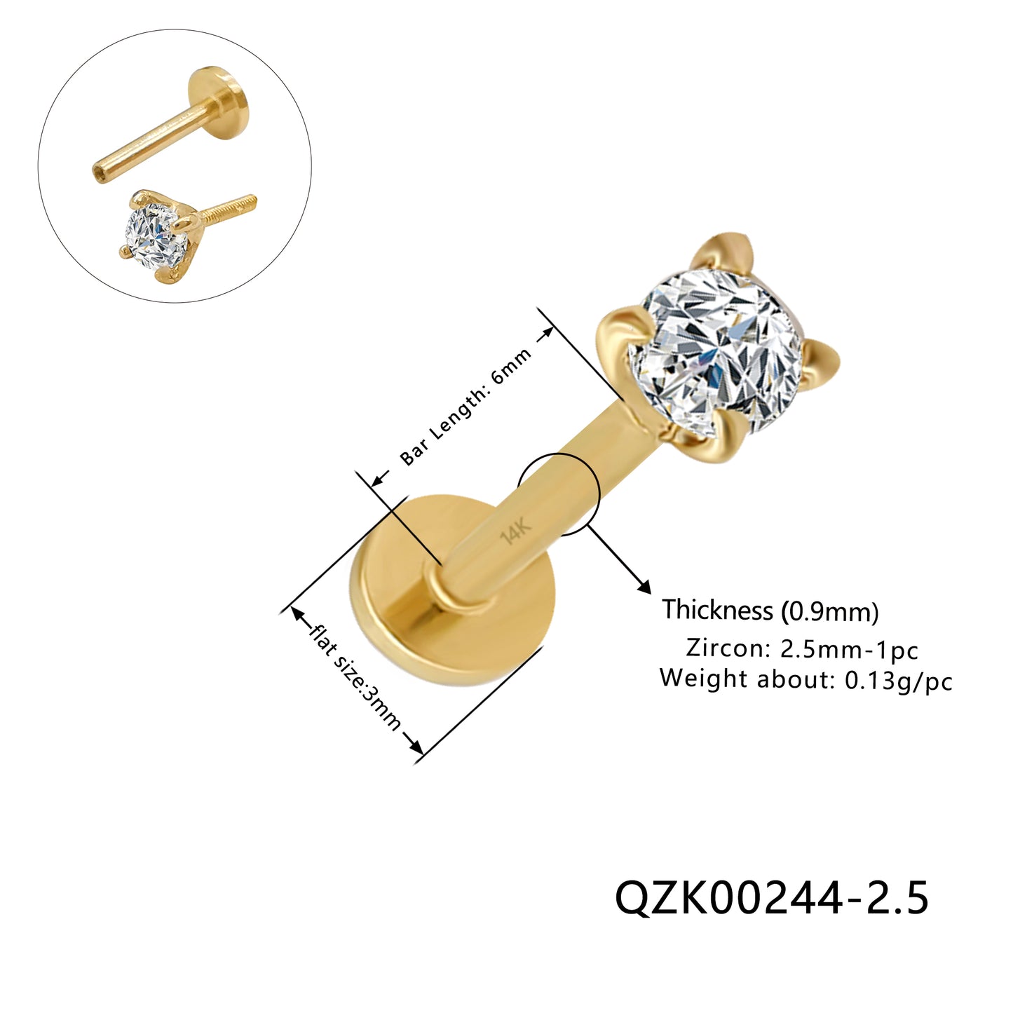 Wholesale 14K Yellow and white Gold Labret bar length 6mm