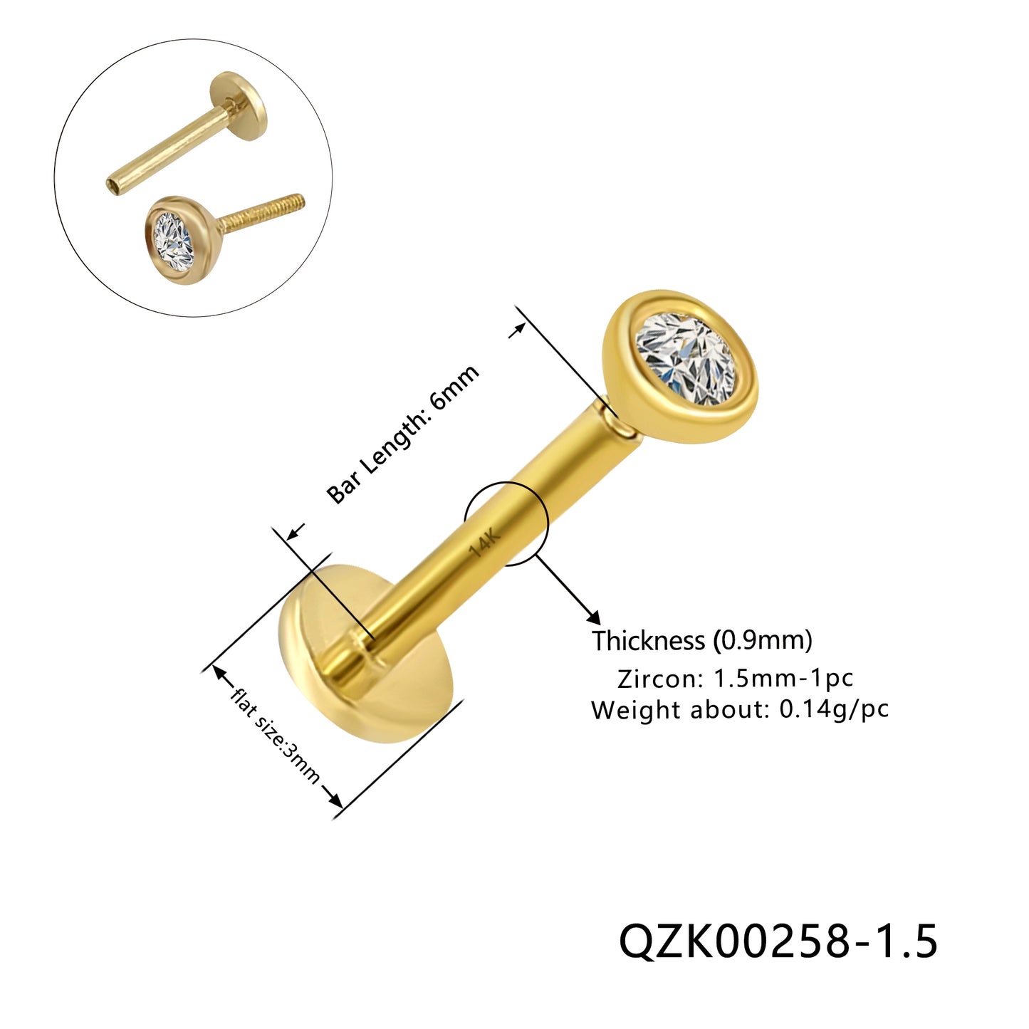 Wholesale 14K Yellow and white Gold Labret bar length 6mm1.5mm cz