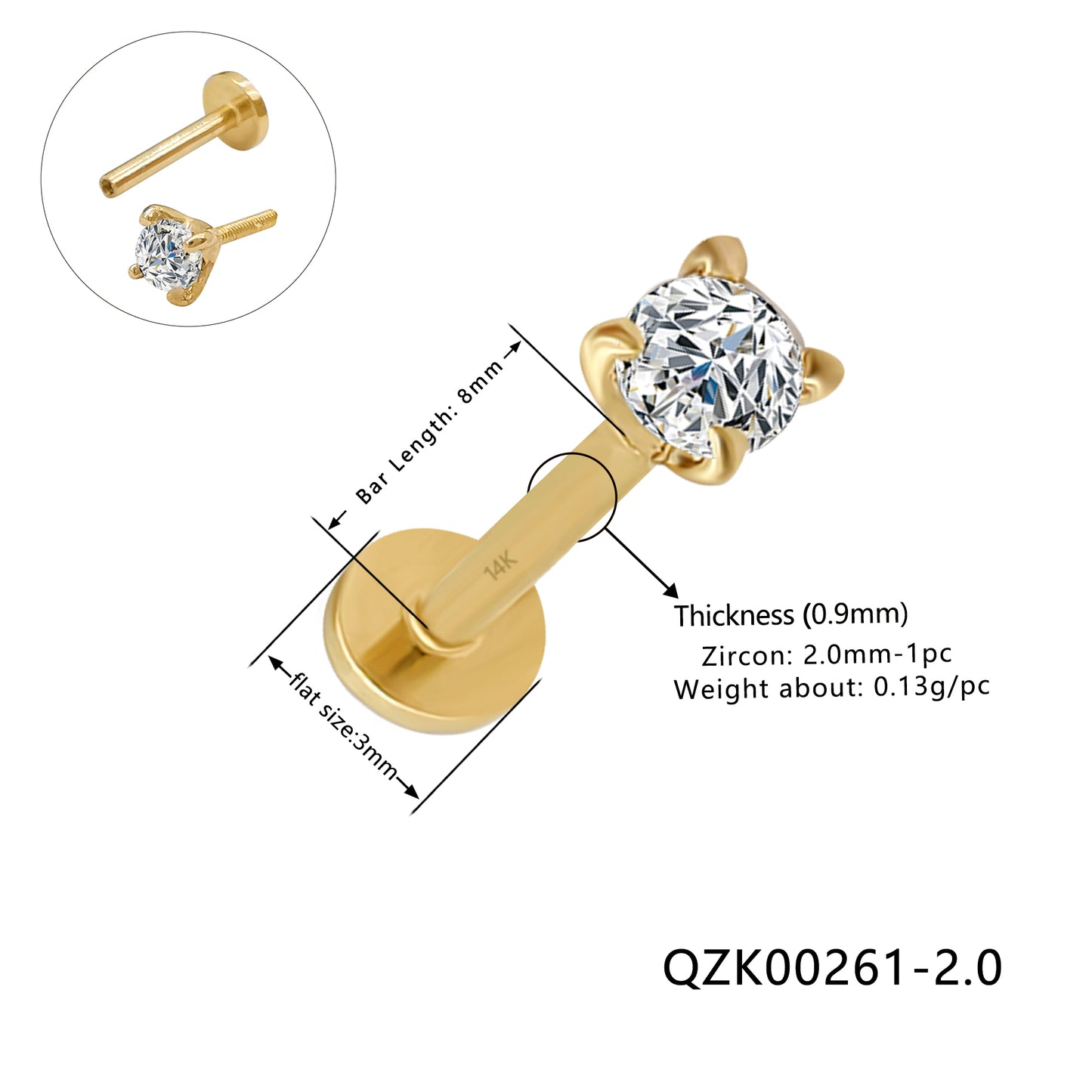 Wholesale 14K Yellow and white Gold Labret bar length 8mm 2.5mm cz