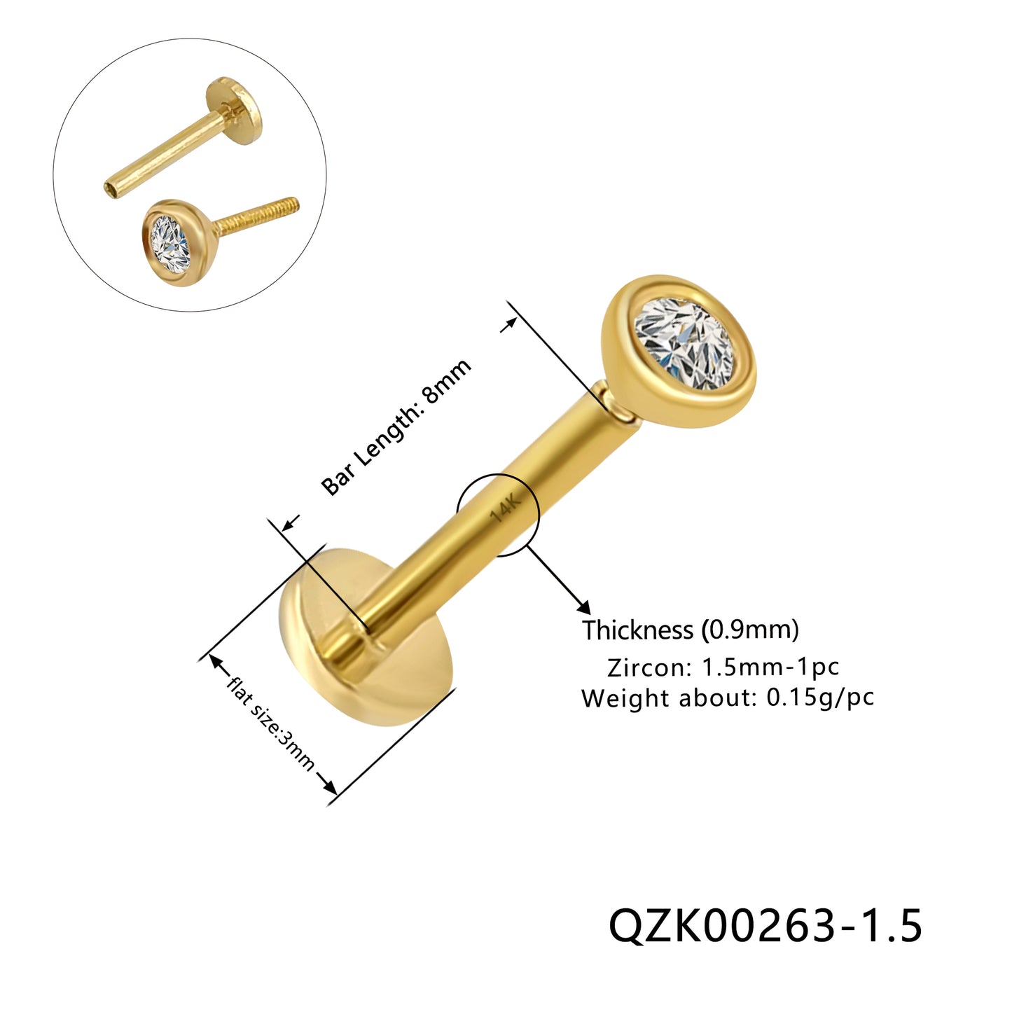 Wholesale 14K Yellow and white Gold Labret bar length 8mm1.5mm cz