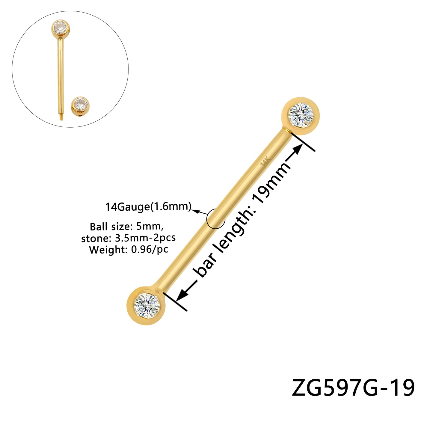Solid 14k Gold Double Gem Barbell Body jewelry