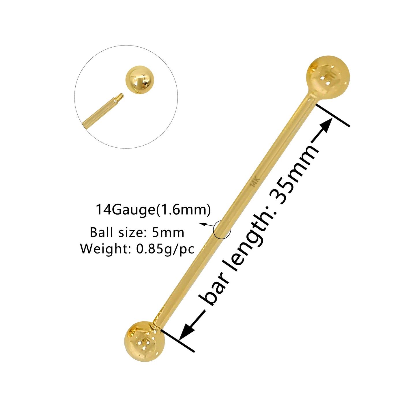 Solid 14k Gold Industrial Barbell 35mm 14 Gauge