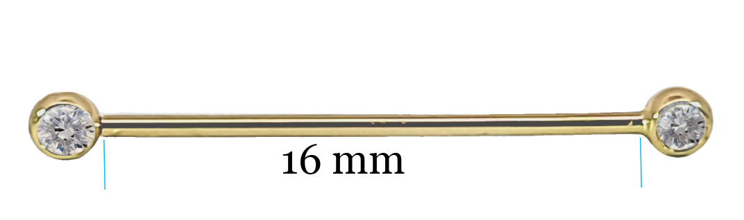 Solid 14k Gold Double Gem Industrial Barbell 16mm
