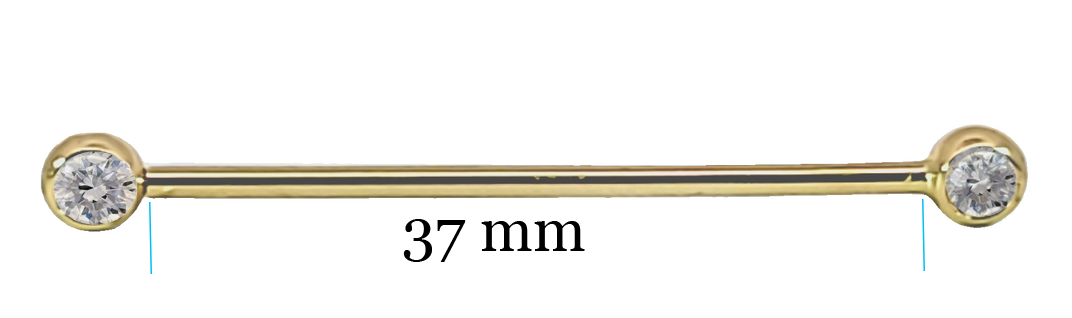 Solid 14k Gold Double Gem Industrial Barbell 16mm