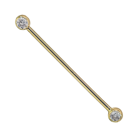 Solid 14k Gold Double Gem Industrial Barbell 16mm