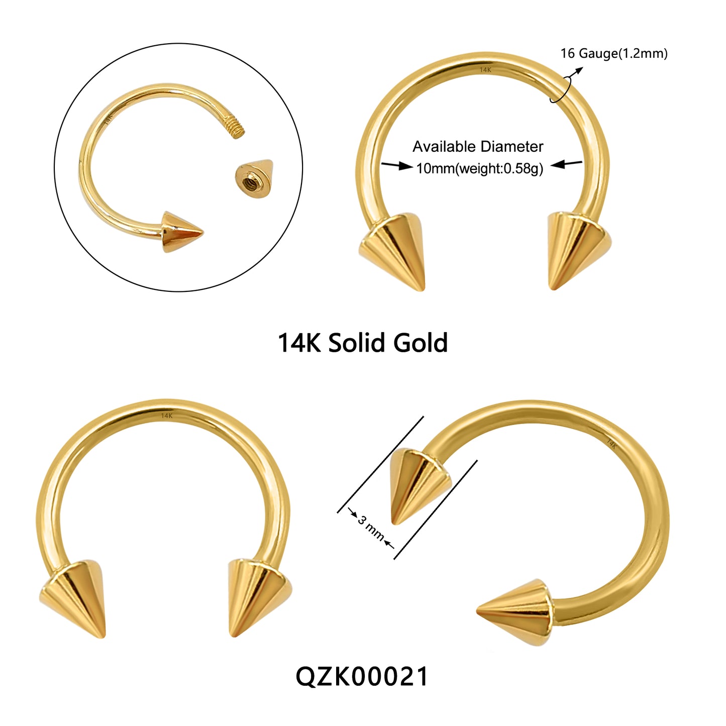 Wholesale14k Solid Gold Spike Horseshoe Hoop 18 Gauge